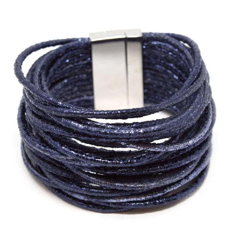 Women’s vintage cuff bracelet-Bracelet Multi Strand Leather Cord Metallic Navy