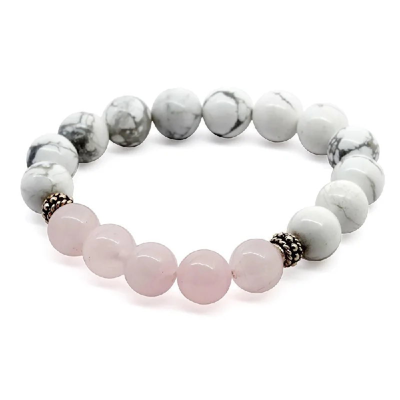 Women’s tennis diamond bracelet-W Howlite/Rose Quartz Stretch Bracelet with Two 925 Sterling Silver Bead