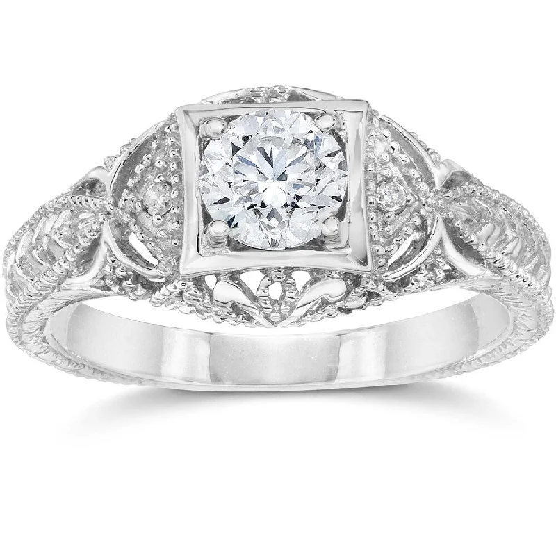 Women’s diamond halo engagement ring-14k White Gold 5/8 ct TDW Vintage Diamond Antique Engagement Ring