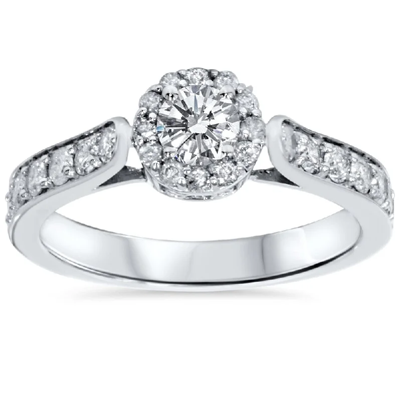 Women’s diamond engagement ring with side stones-14k White Gold 7/8ct TDW Halo Diamond Engagement Ring