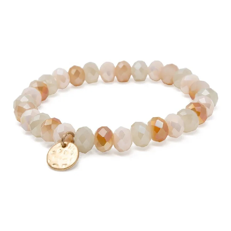 Women’s healing stone bracelet-Cream/Peach Glass Bead Bracelet with Disc Charm Gold Tone