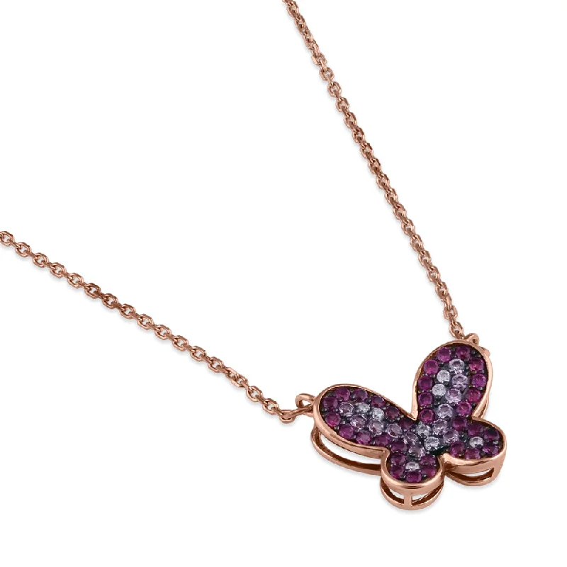 Women’s large pendant necklace-Sterling Silver Rose Gold Plated Pink and Clear Butterfly CZ Necklace