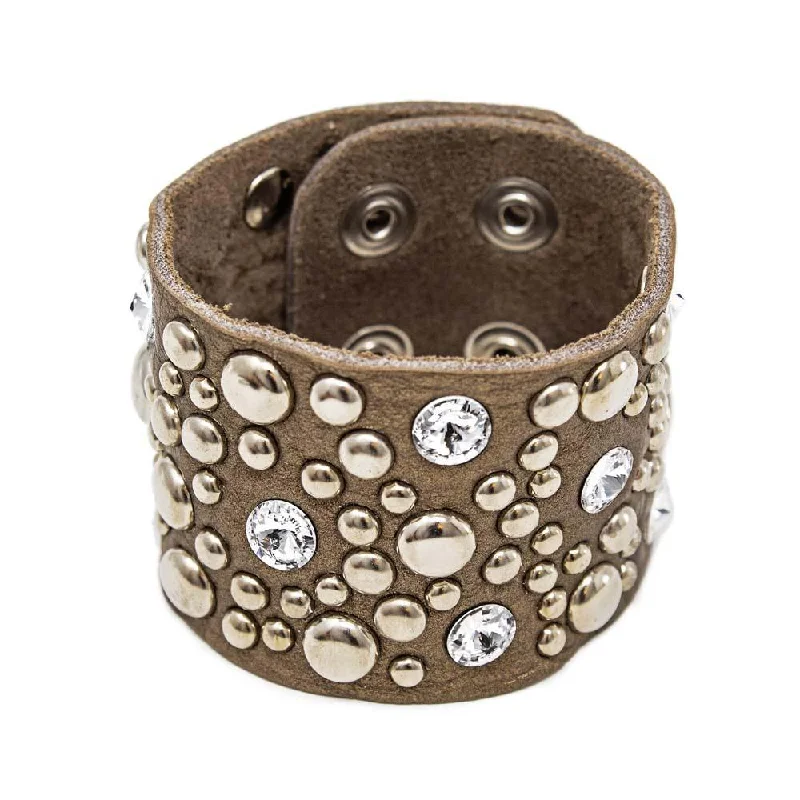 Women’s vintage-inspired bracelet-Wide Leather Bracelet Cubic Zirconia and Rivets Moss Green