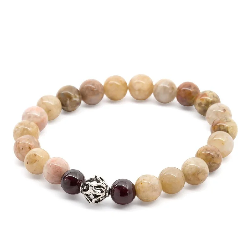 Women’s meditation bracelet-Agata/Garnet Stretch Bracelet with 925 Sterling Silver Bead