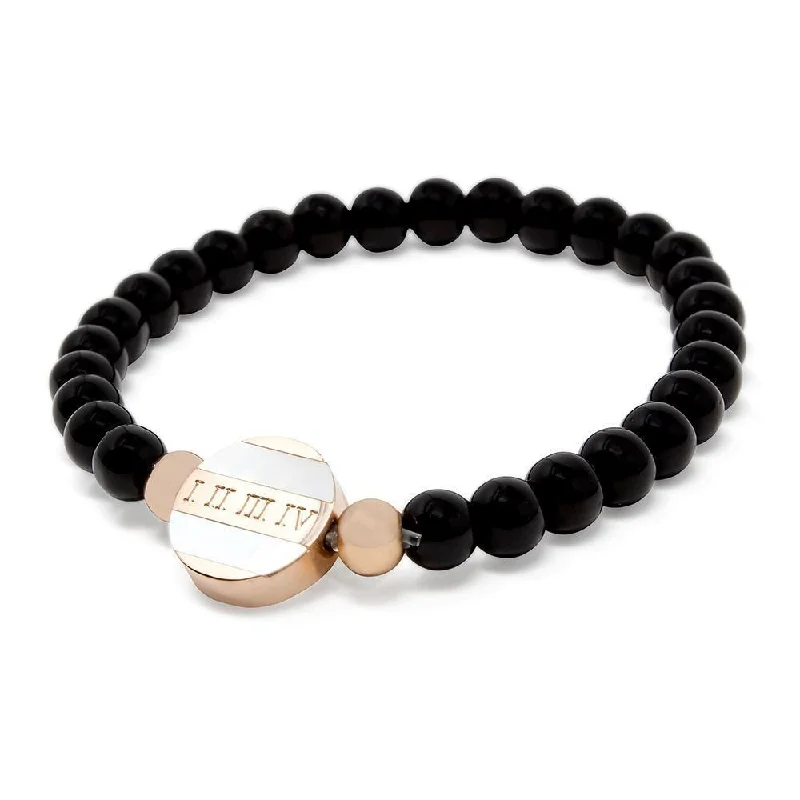 Women’s rope bracelet-Stainless Steel Black Beaded Bracelet Rom Disc MOP Rose Gold Plated