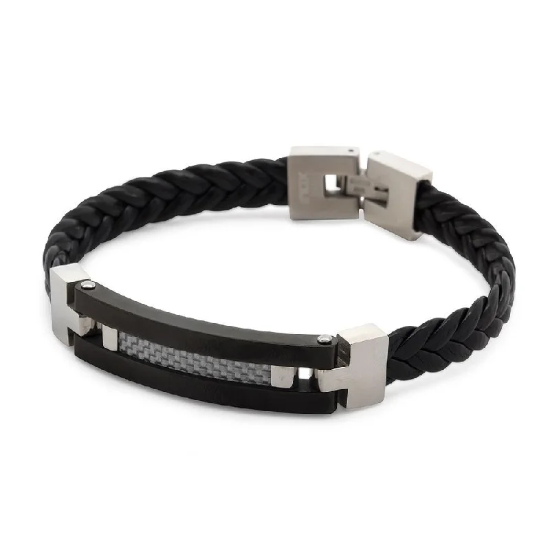 Women’s boho bracelet-Stainless Steel Leather Bracelet with Grey Carbon Fiber Inlaid