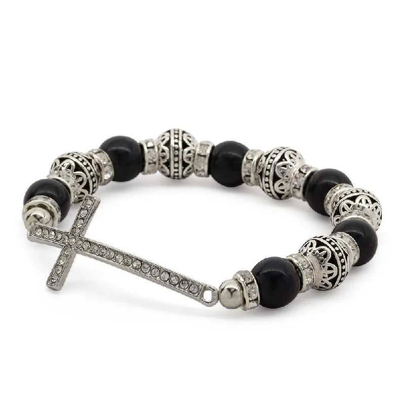 Women’s charm bracelet-Stretch Bracelet Cross - Two Tone Black and Silver Tone