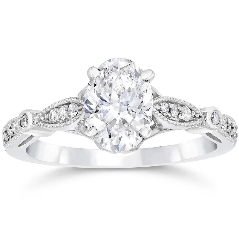 Women’s ethical engagement ring-14k White Gold 1 1/10ct TDW Vintage Oval Diamond Engagement Ring Clarity Enhanced