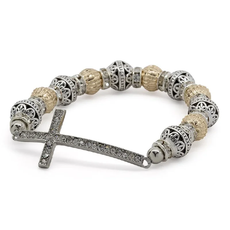 Women’s personalized bracelet-Stretch Bracelet Cross - Two Tone Gold and Silver Tone