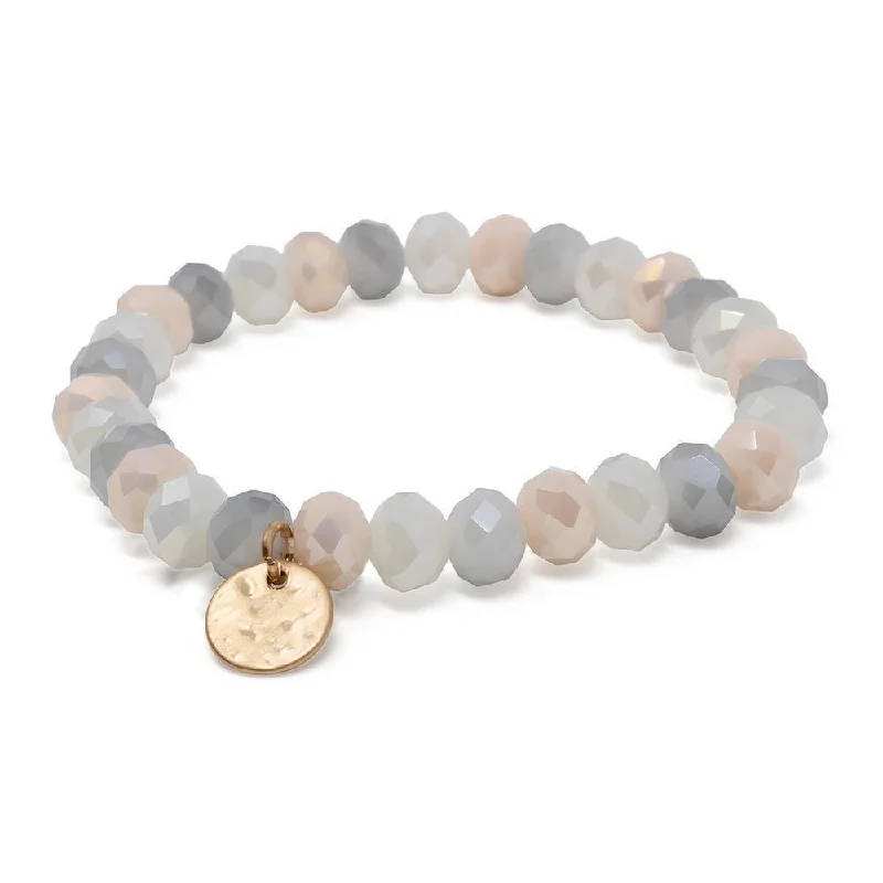 Women’s meditation bracelet-Grey/Pink Glass Bead Bracelet with Disc Charm Gold Tone