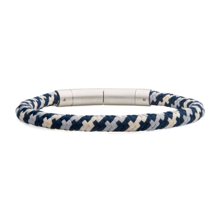 Women’s chain-link bracelet-Inox 6mm Stainless Steel and Blue, Grey and Beige Nylon Cord Clasped Bracelet