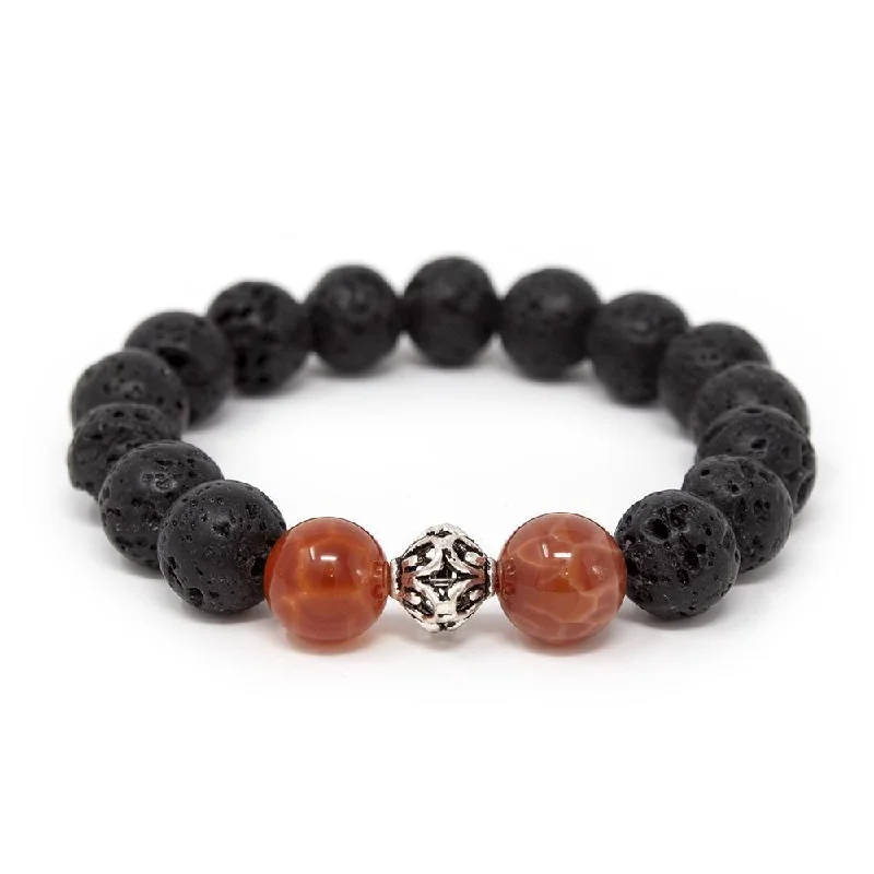 Women’s dainty bracelet-Lava Rock/Fire Agate Stretch Bracelet with 925 Sterling Silver Bead