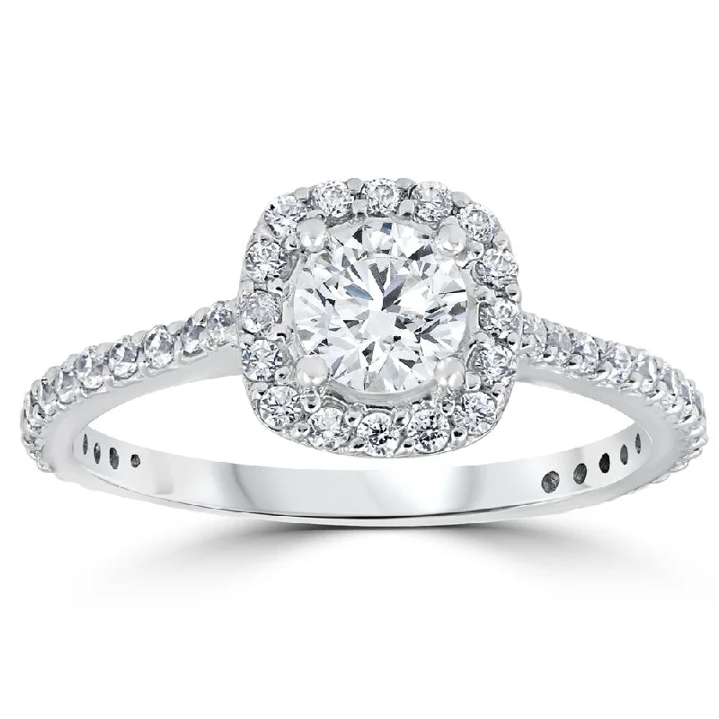 Women’s three-stone engagement ring-Pompeii3 Platinum 1 ct TDW Diamond Cushion Halo Engagement Ring