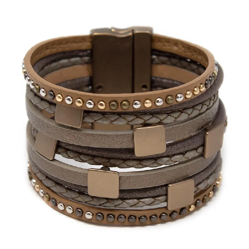 Women’s trendy bracelet-Ten String Leather Bracelet Square Accent Gold Taupe