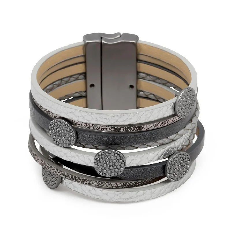 Women’s bracelet with charms-Multi Row Silver/Grey Leather Bracelet Hammered Disc