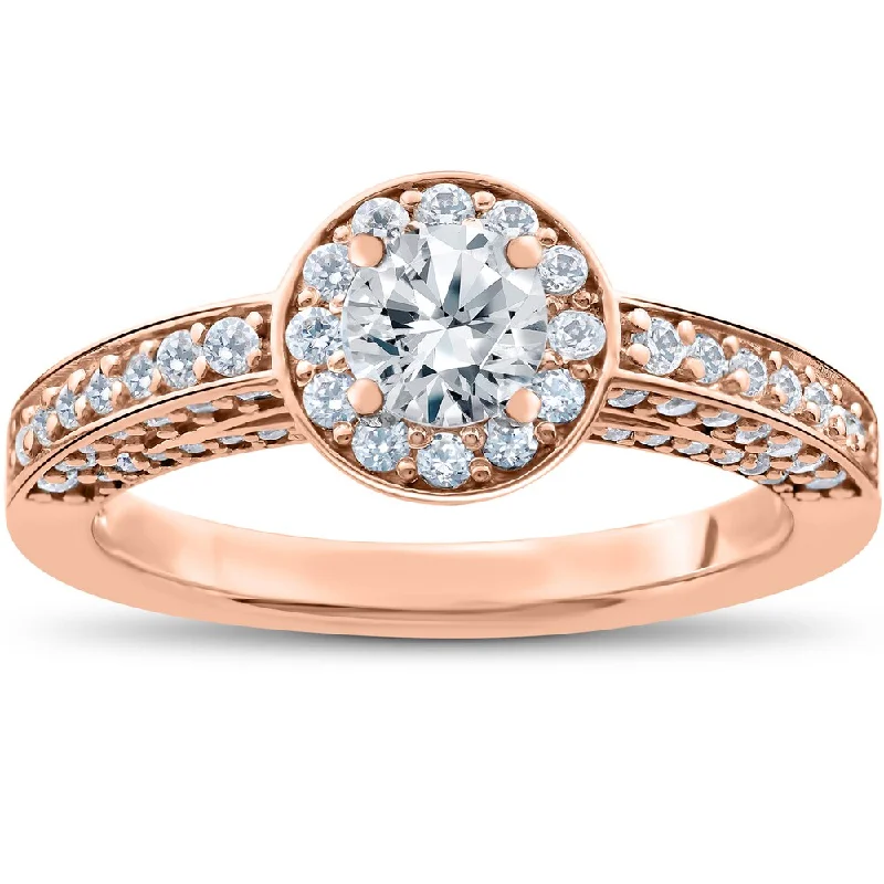 Women’s classic diamond engagement ring-14k Rose Gold 1 ct TDW Diamond Halo Engagement Ring - White I-J - White I-J