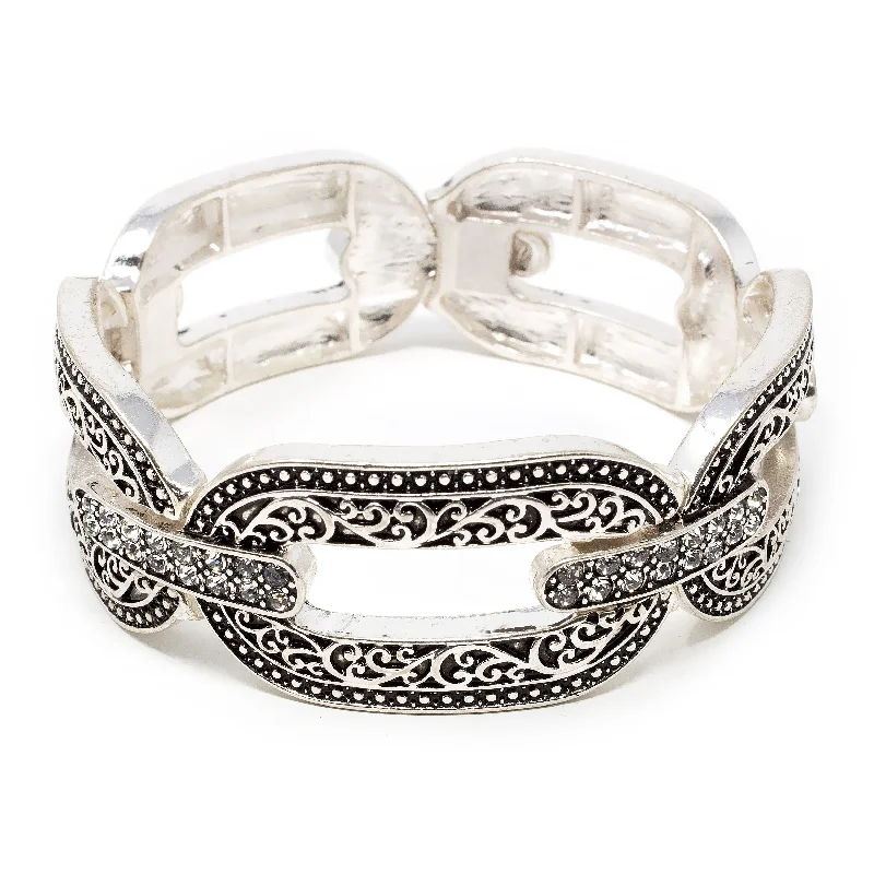 Women’s gemstone bracelet-Stretch Bracelet Filigree Links CZ Silver Tone