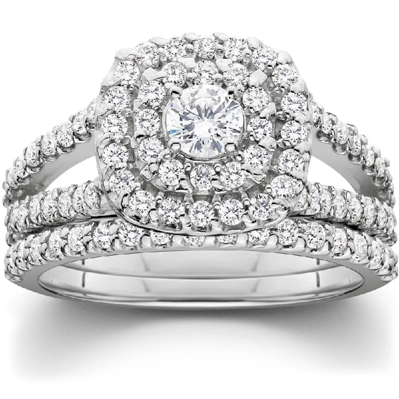 Women’s modern diamond engagement ring-EX3 10k White Gold 1 1/10 Ct Cushion Halo Diamond Engagement Wedding Ring Set Lab Grown (G/VS)