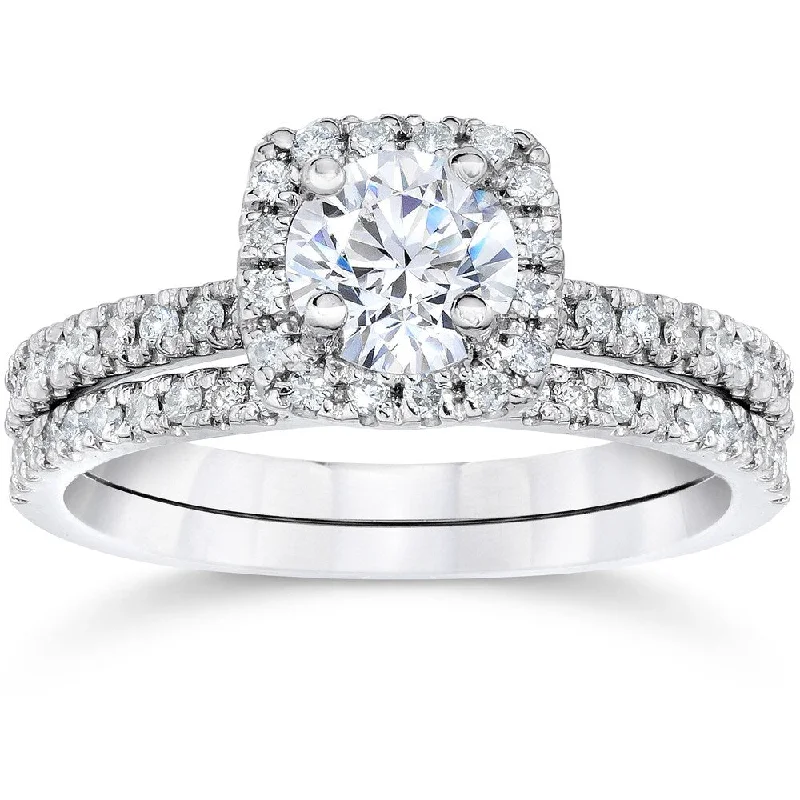 Women’s oval engagement ring with diamonds-10k White Gold 5/8ct TDW Engagement Cushion Halo Wedding Ring Set