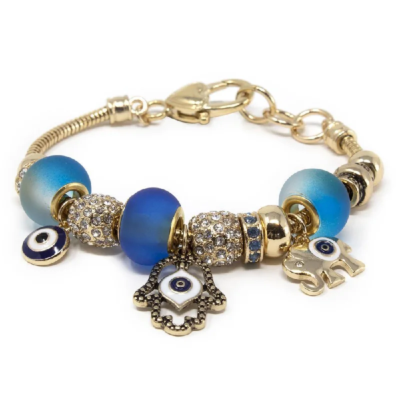 Women’s stackable bracelets-Charm Bracelet Gold Tone Blue - Hamsa Hand