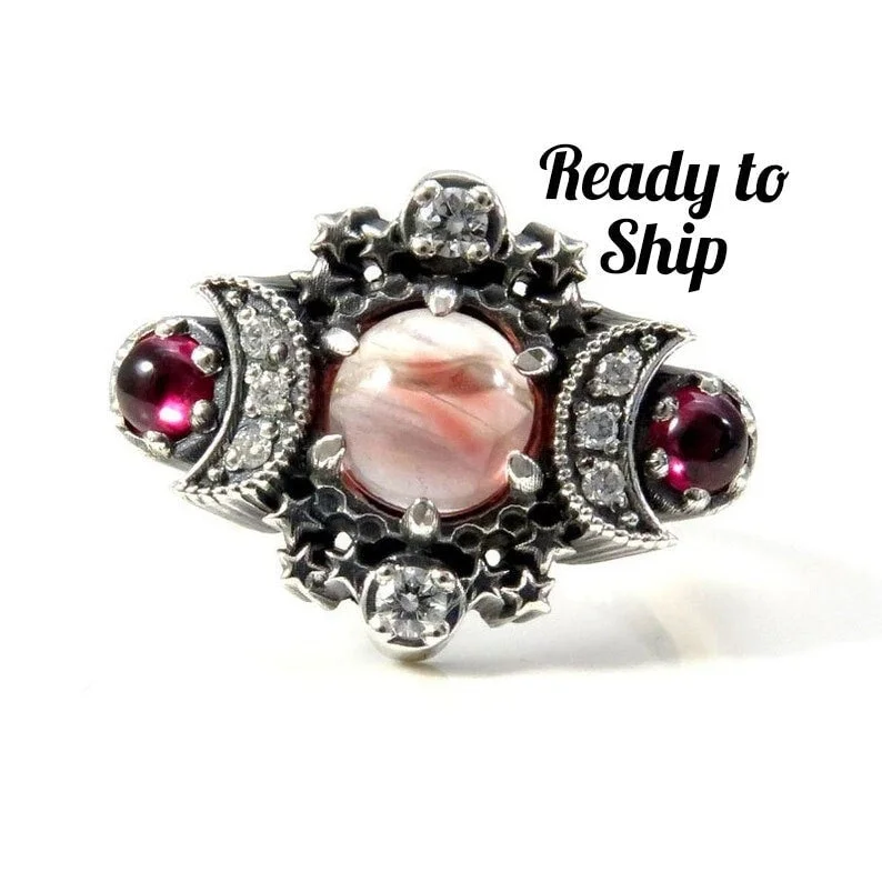 Women’s band rings-Ready to Ship Size 4 - 6 - Oregon Sunstone & Rhodolite Garnet Cosmos Ring with Diamonds and Stardust Chevron - Sterling Silver