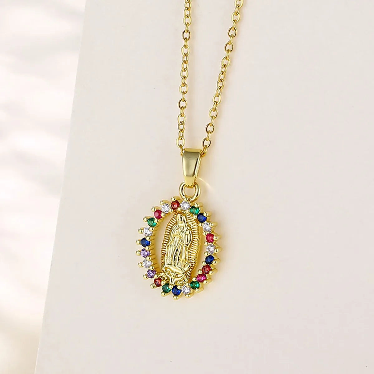 Women’s oval pendant necklace-Shiny Portrait Faith Stainless Steel Brass Plating Inlay Zircon 18k Gold Plated Gold Plated Pendant Necklace