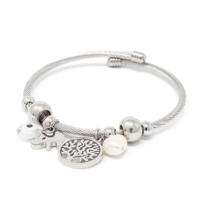 Women’s braided bracelet-Stainless Steel Cable Bracelet Tree of Life Pearl