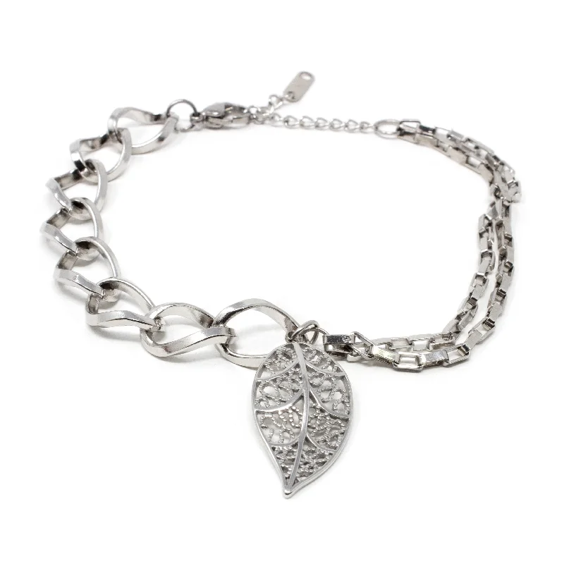 Women’s engraved bracelet-Stainless Steel Filigree Leaf Pendant Bracelet