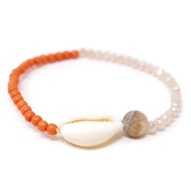 Women’s beaded bracelet-Cowrie Shell Glass Beaded Stretch Bracelet Peach and Coral