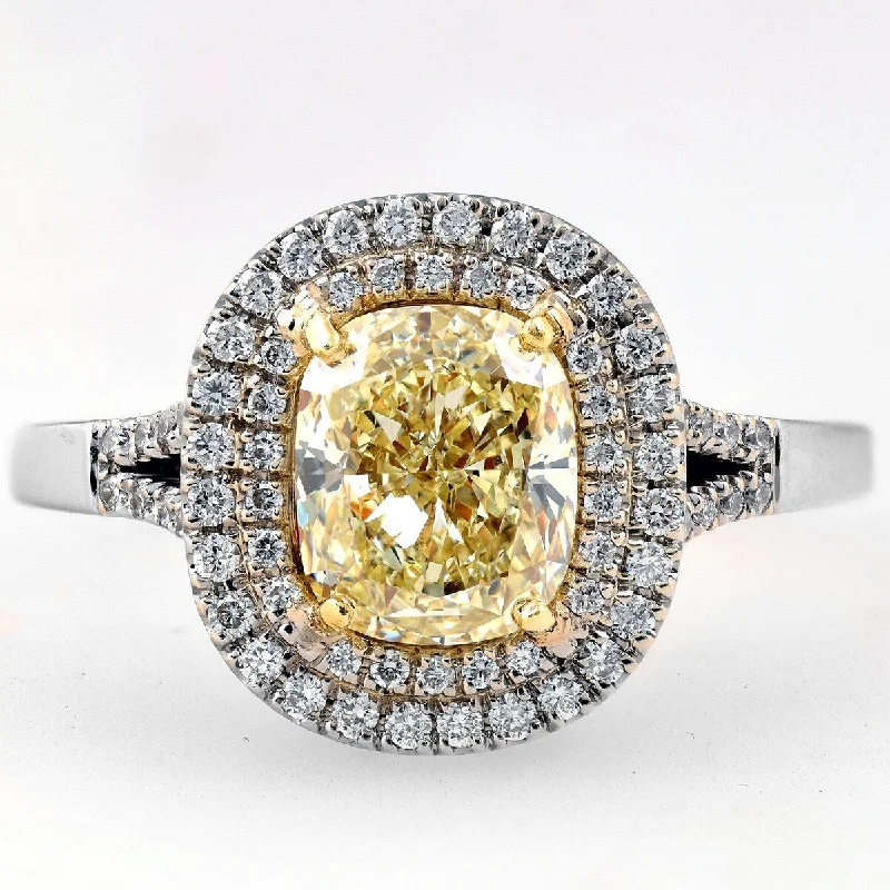 Women’s custom gold engagement ring-2.36Ct Fancy Light Yellow Cushion Diamond Double Halo EGL Certified Engagement Ring 18k White Gold - White G-H