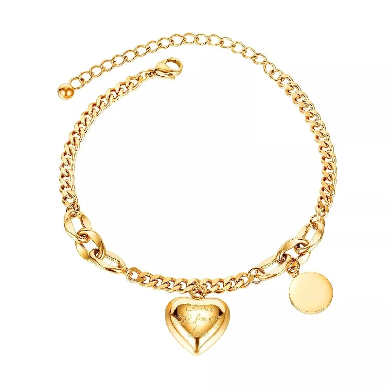 Women’s vintage cuff bracelet-Stainless Steel Bracelet with Heart Charm Gold Plated