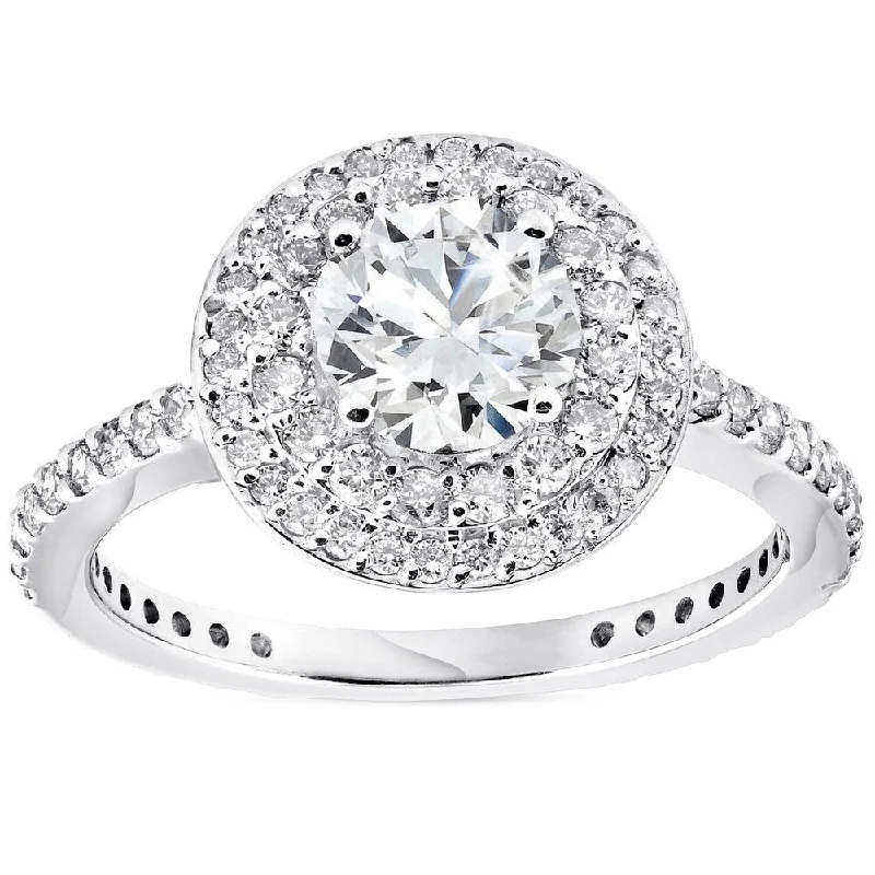 Women’s platinum diamond engagement ring-Pompeii3 14K White Gold 1 3/4 ct TDW Double Halo Diamond Clarity Enhanced Round Brilliant Cut Engagement Ring (G/SI)