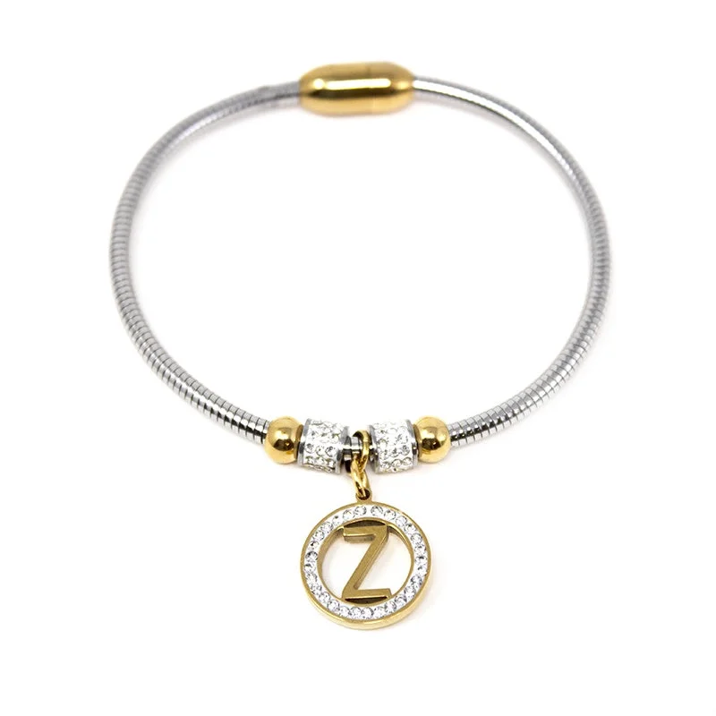 Women’s charm bracelet-Stainless Steel CZ Pave Initial Magnetic Bracelet - Z