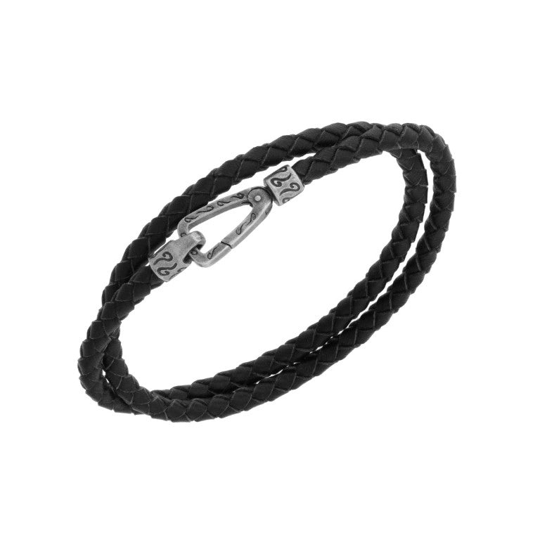 Women’s healing stone bracelet-Marco Dal Maso Lash Double Wrap Oxidized Silver and Black Woven Leather Bracelet