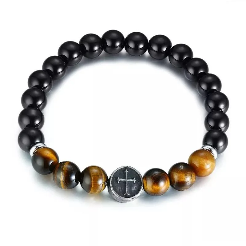 Women’s luxury diamond bracelet-Stainless Steel Cross Bead Tiger Eye/Onyx Stretch Men's Bracelet