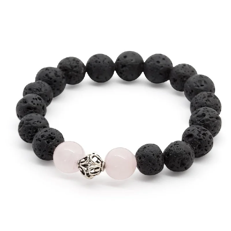 Women’s thin diamond bracelet-Lava Rock/Rose Quartz Stretch Bracelet with 925 Sterling Silver Bead