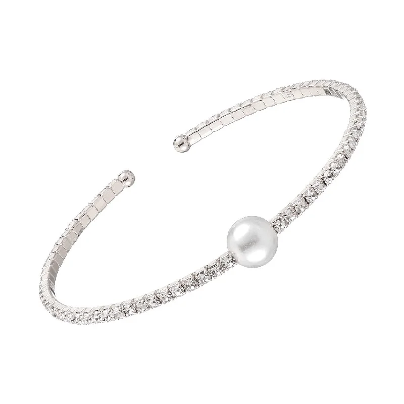 Women’s classic tennis bracelet-Crystal and Center Pearl Memory Wire Bracelet Silvertone