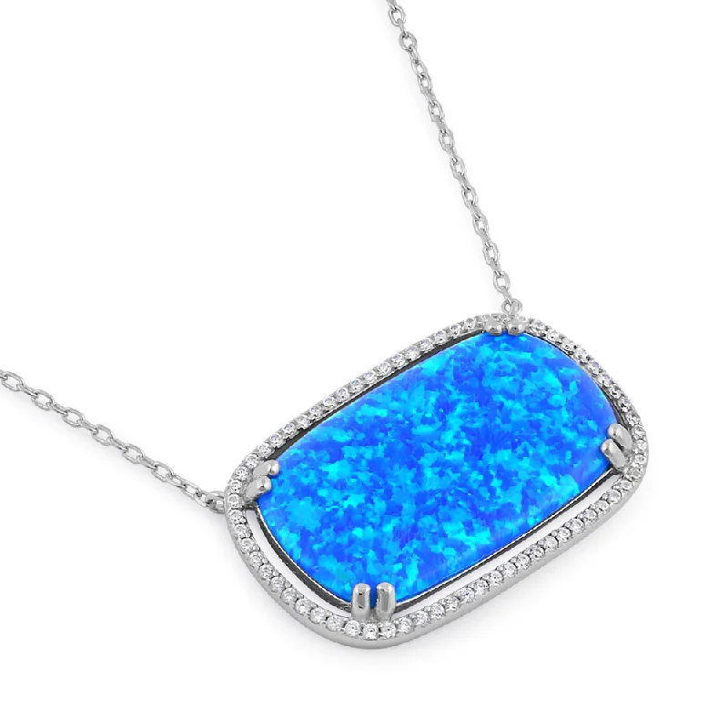 Women’s handmade necklace-Sterling Silver Blue Opal Squoval Halo CZ Necklace