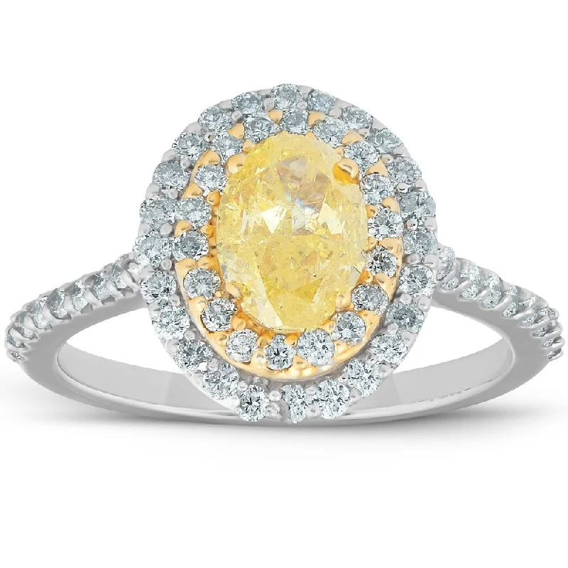 Women’s affordable solitaire diamond engagement ring-1.75Ct Fancy Yellow Oval GIA Diamond Engagement Double Halo Ring 14k Gold