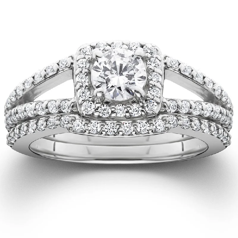 Women’s modern engagement ring-14k White Gold 1 1/5ct TDW Split Shank Halo Diamond Engagement Wedding Ring Set