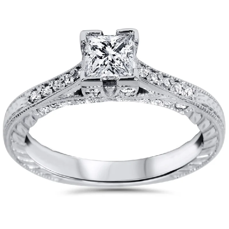 Women’s round-cut diamond engagement ring with halo-14k White Gold 1 1/10ct TDW Princess-cut Diamond Vintage Engagement Ring