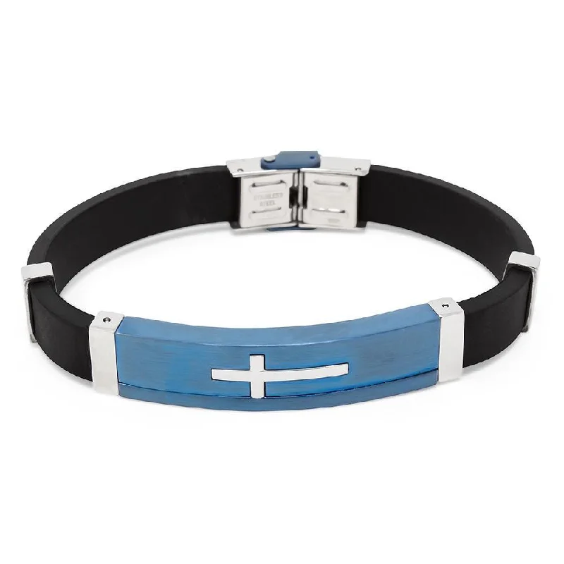 Women’s cute beaded bracelet-Stainless Steel Rubber Bracelet Cross Station Blue