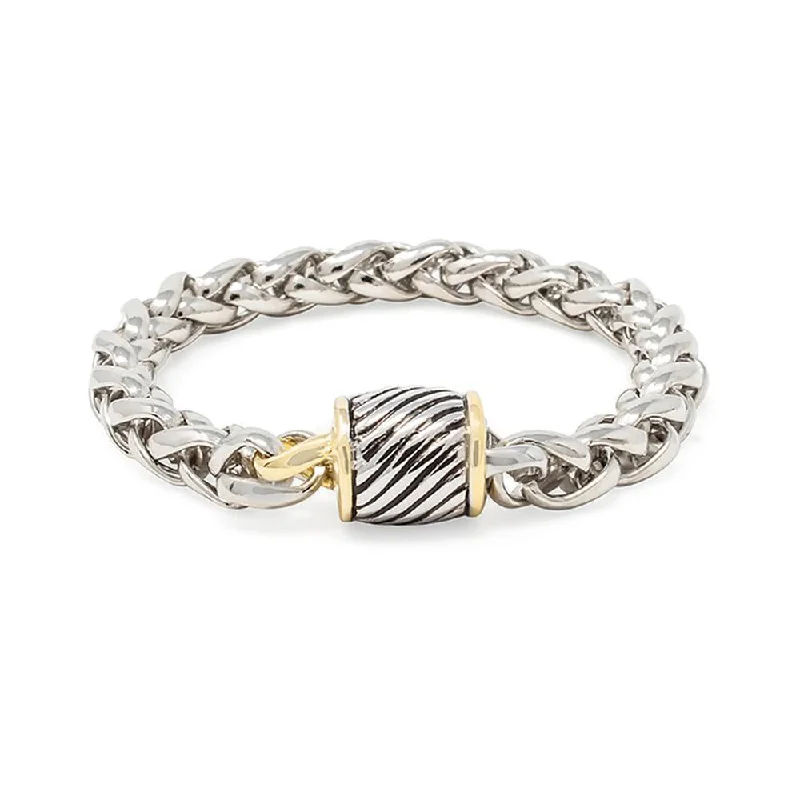 Women’s polished silver bracelet-Two Tone Bracelet with Stripe Magnetic Clasp