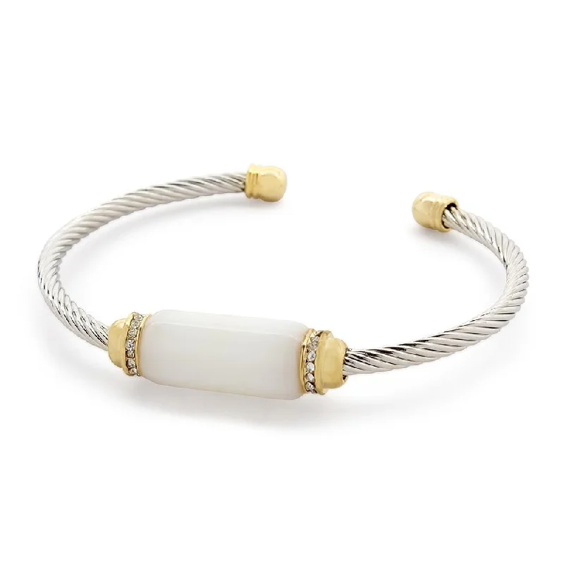 Women’s silver bangle bracelet-Two Tone Faceted GemStone Cable Bracelet White