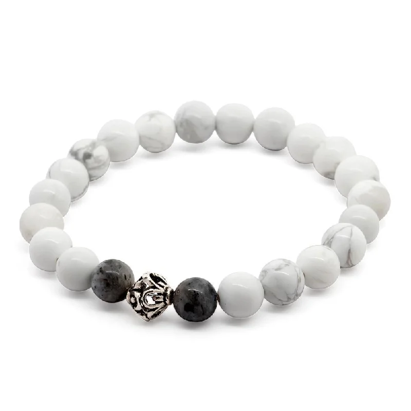 Women’s spiritual bracelet-W Howlite/Larvikite Stretch Bracelet with 925 Sterling Silver Bead