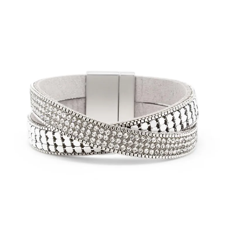 Women’s tennis diamond bracelet-Two Row Leather Bracelet Disco Design Rhodium Plated