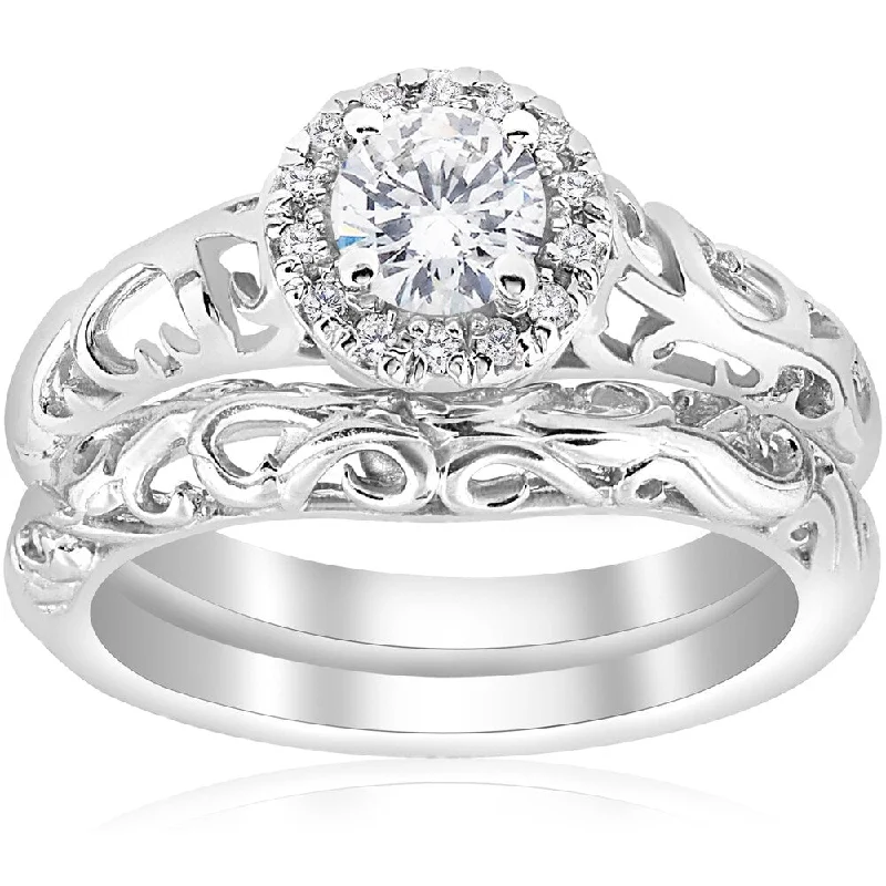 Women’s wedding and engagement ring set-14k White Gold 5/8ct TDW Diamond Halo Engagement Ring Matching Wedding Band Vintage Filigree Set (I-J,I2-I3)