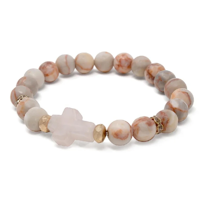 Women’s classic tennis bracelet-Stretch Bracelet Semi Precious Bead Cross Peach