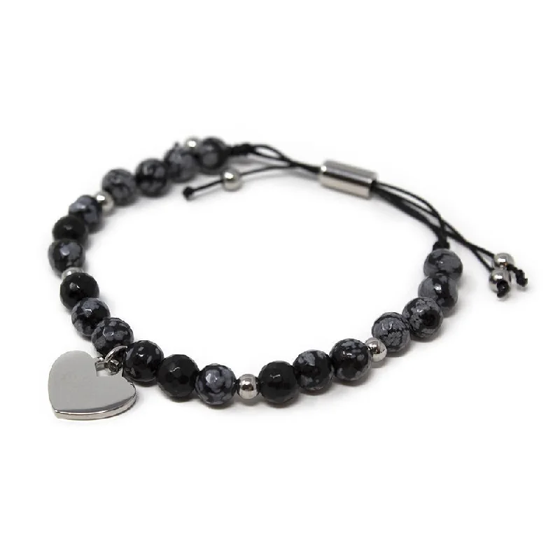 Women’s elegant bracelet-Stainless Steel Black Bead Slider Bracelet with Heart Charm