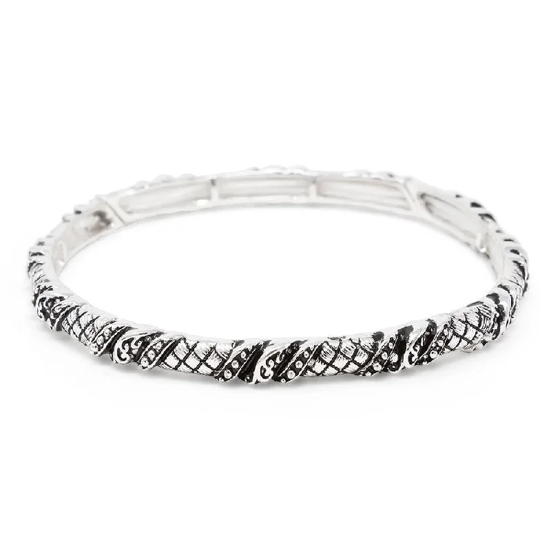 Women’s silver bangle bracelet-Grid Textured Stretch Bracelet Antique Silver